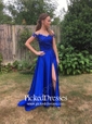 A-line Off-the-shoulder Sweep Train Appliques Lace Prom Dresses