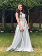 A-line Scoop Neck Satin Floor-length Beading Prom Dresses