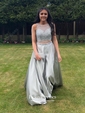 A-line Scoop Neck Satin Floor-length Beading Prom Dresses