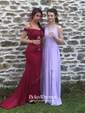 Sheath/Column Off-the-shoulder Sweep Train Tulle Jersey Appliques Lace Prom Dresses