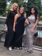 Black A-line Scoop Neck Chiffon Tulle Appliques Lace Sweep Train Long Sleeve Unique Prom Dresses