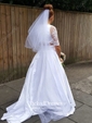 Unique Two Piece A-line Off-the-shoulder Lace Taffeta Appliques Lace Court Train 1/2 Sleeve Wedding Dresses