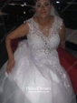 Fabulous Ball Gown V-neck Tulle Appliques Lace Court Train Backless Wedding Dresses