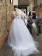 Fabulous Ball Gown V-neck Tulle Appliques Lace Court Train Backless Wedding Dresses