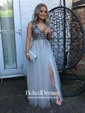 Exclusive Princess V-neck Tulle with Beading Floor-length Backless Prom Dresses